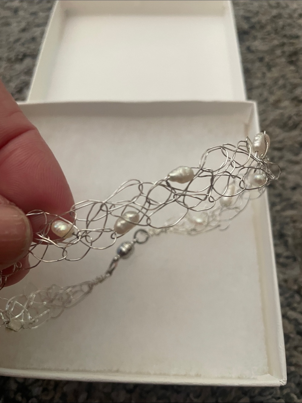 Sterling Silver Wire Knit Pearl Bracelet - White Hand Made